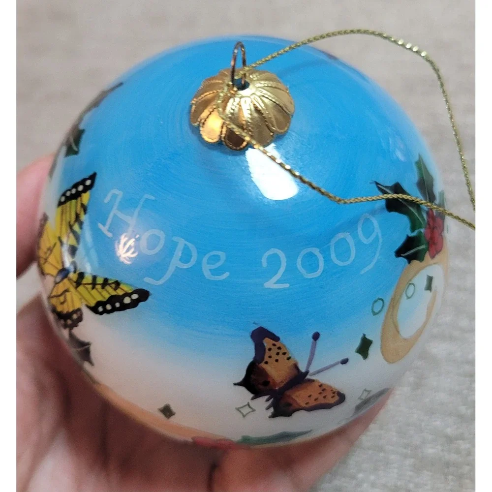 Li Bien Christmas Ornament Hope 2009 Hand Painted Glass Butterfly Holly Blue